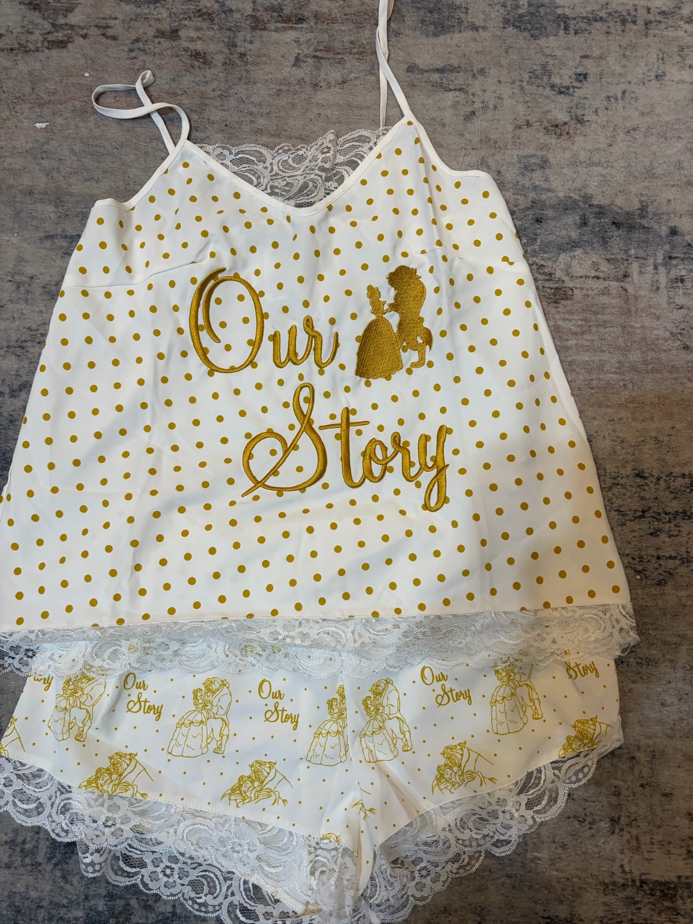 Disney White & Gold 'Our Story' Lace Trim Pajama Set
